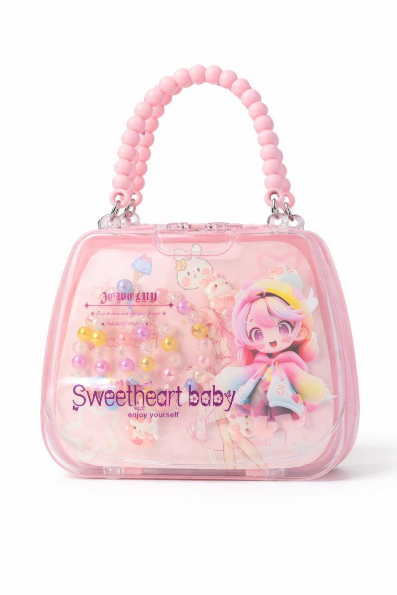 Cute Kids Transparent Beaded Handbag – Sweetheart Baby Cartoon Mini Purse (Pink)