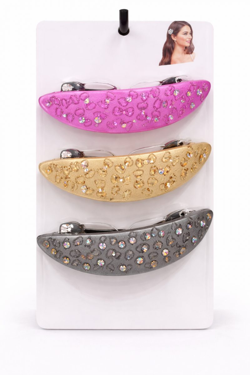 Elegant Rhinestone Hair Barrette Clips Set – 3 PCS Curved Design (Pink, Gold & Grey)