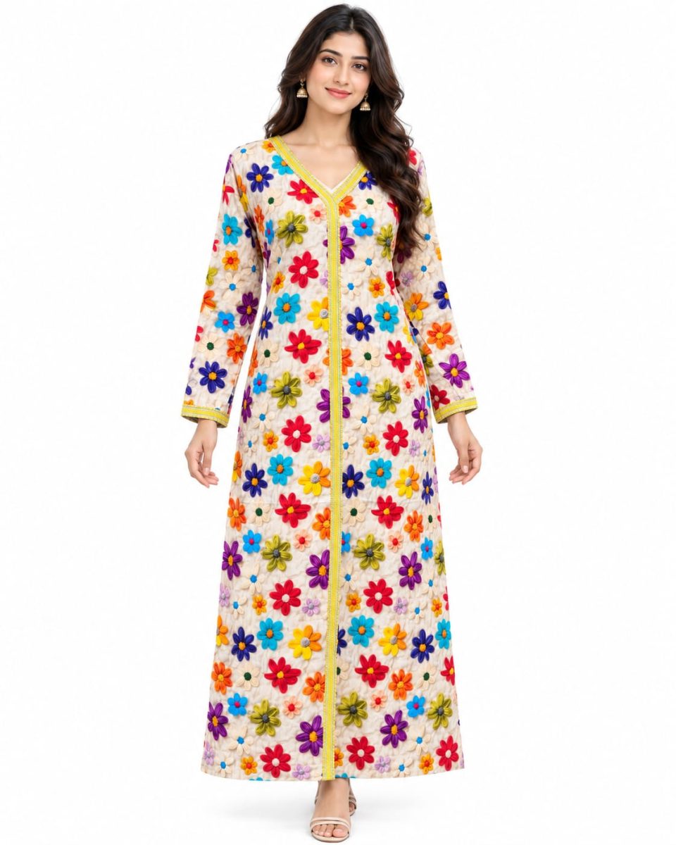 Women’s Italian Fabric Floral Handwork Long Dress – Multicolor Embroidered V-Neck Abaya Style Gown