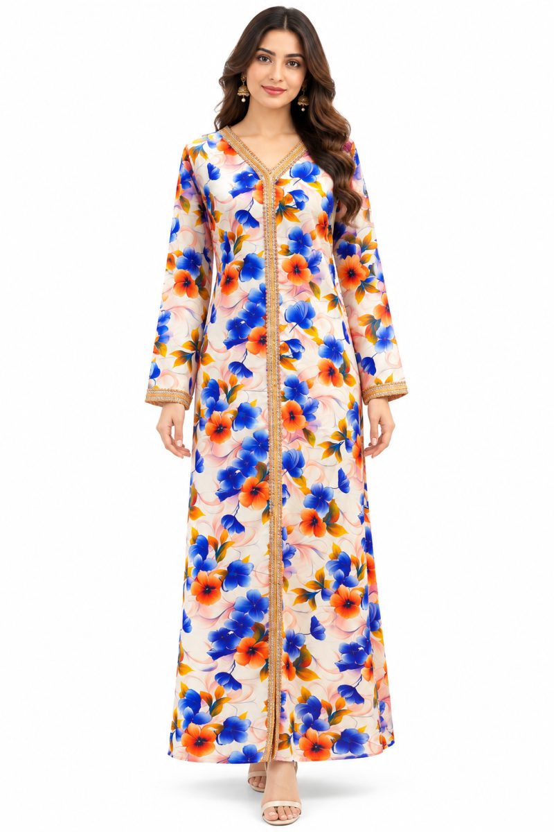Women's Floral Print Long Dress with Gold Decorative Handwork