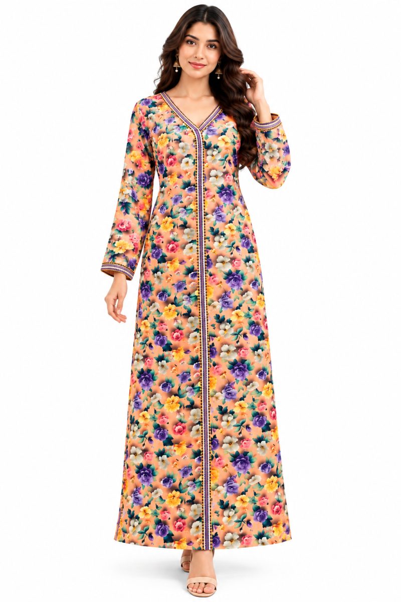 Women's Floral Print Long Dress with Decorative Neckline & Sleeve Trim