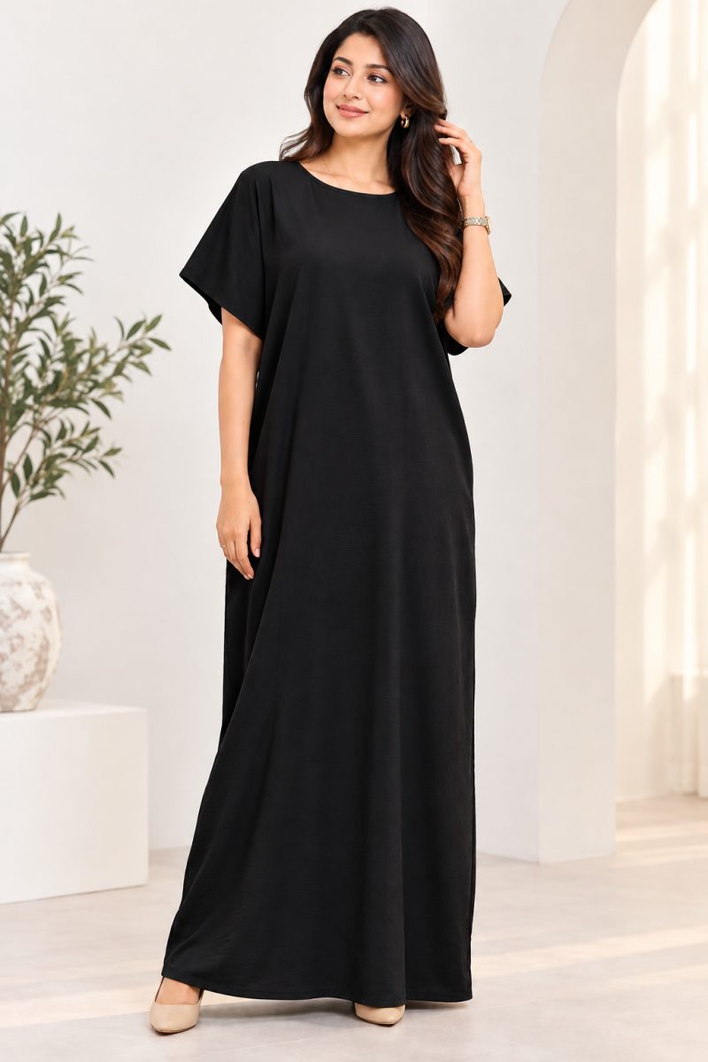 Women's Solid Crepe Maxi Dress – Short Sleeve, Round Neck, Loose Fit