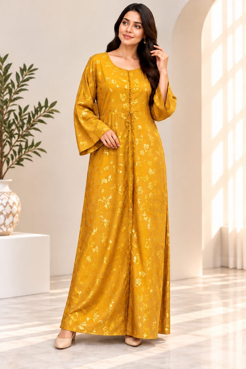 Women's Elegant Gold Printed Maxi Dress – Full Sleeve Kaftan Style