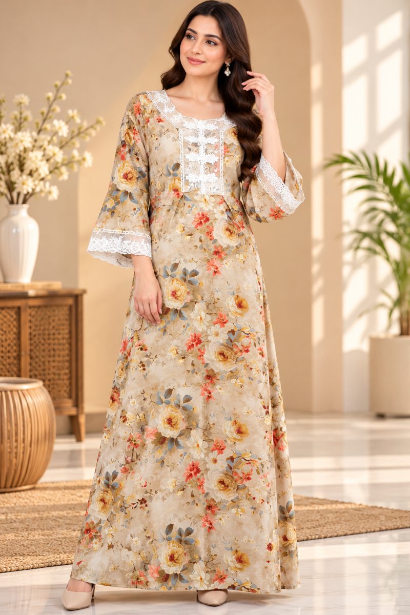 Women's Floral Printed Cotton Nightdress with Lace Work