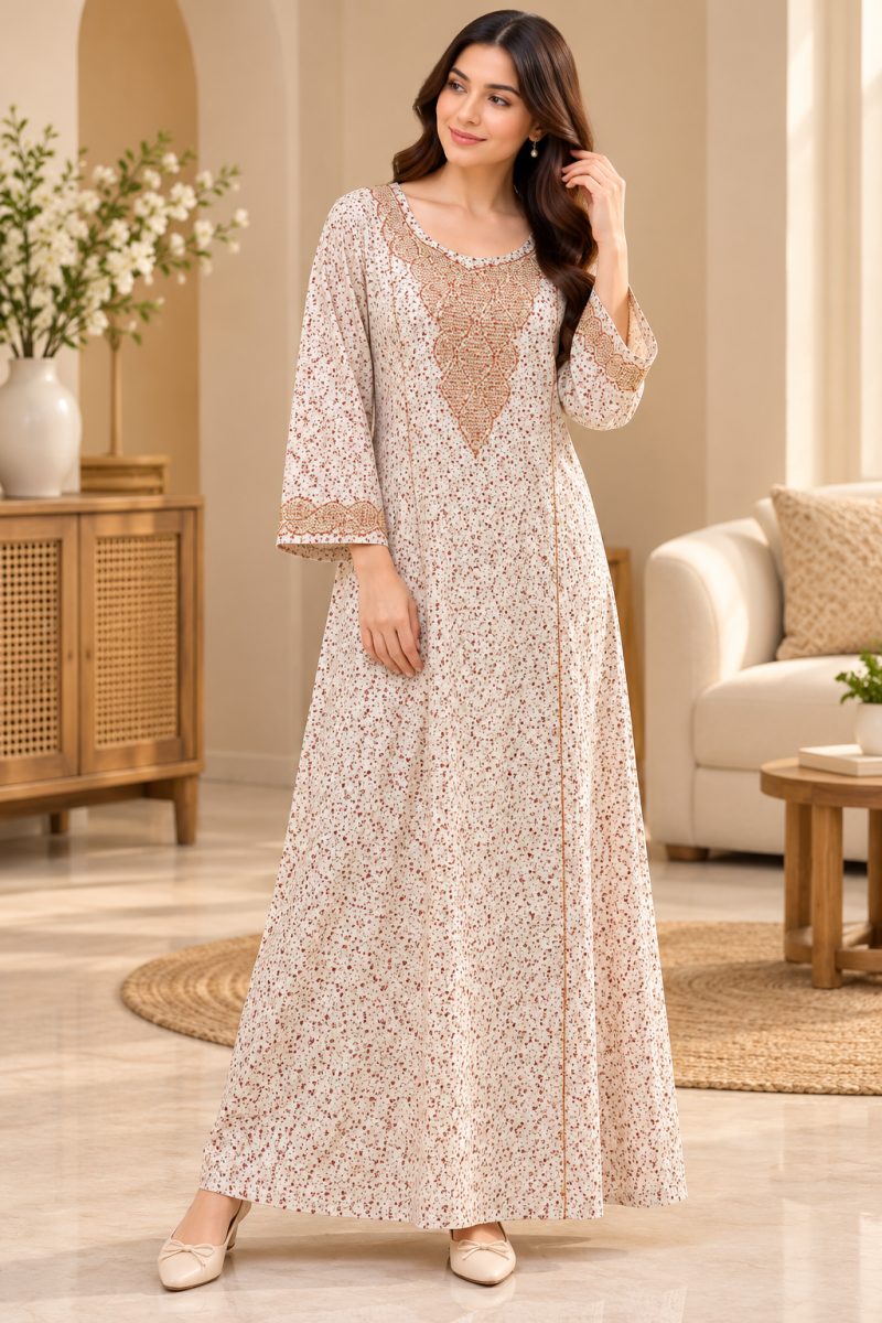 Women's Printed Cotton Nightdress with Embellished Neckline