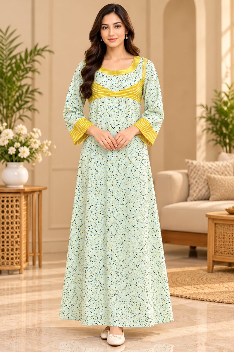 Modest Arabian-Style Printed Cotton Maxi Dress with Striped Detailing