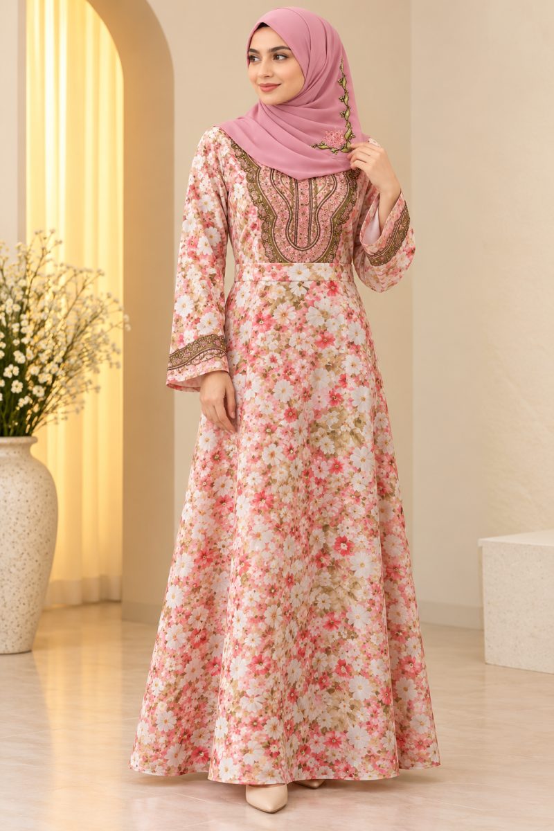 Modest Arabian-Style Embroidered Silk Maxi Dress with Hijab