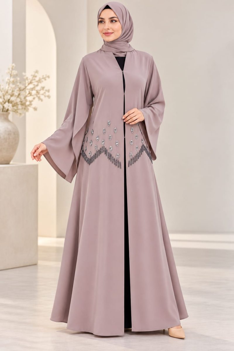 Elegant Mauve Embellished Abaya with Butterfly Sleeves – Nida Fabric