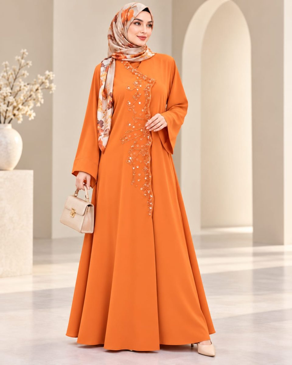 Elegant Burnt Orange Nida Abaya with Embellished Front Design