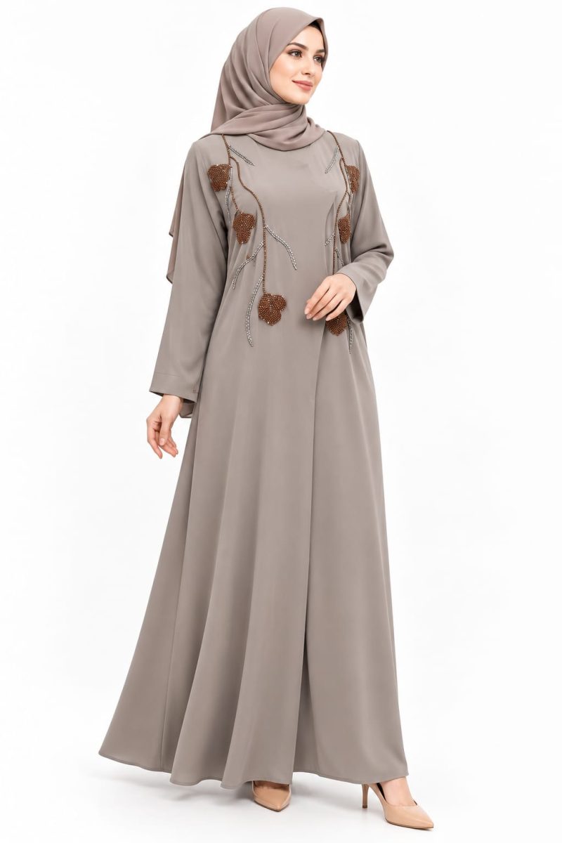 Elegant Taupe Nida Abaya with Decorative Bead Design