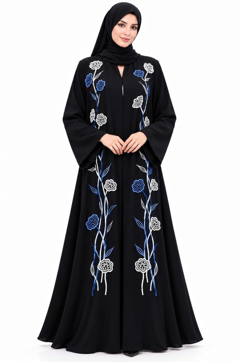 Black Nida Abaya with Blue & White Floral Bead Design