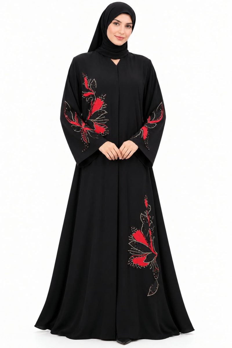 Elegant Black Abaya with Red Floral Embellishments