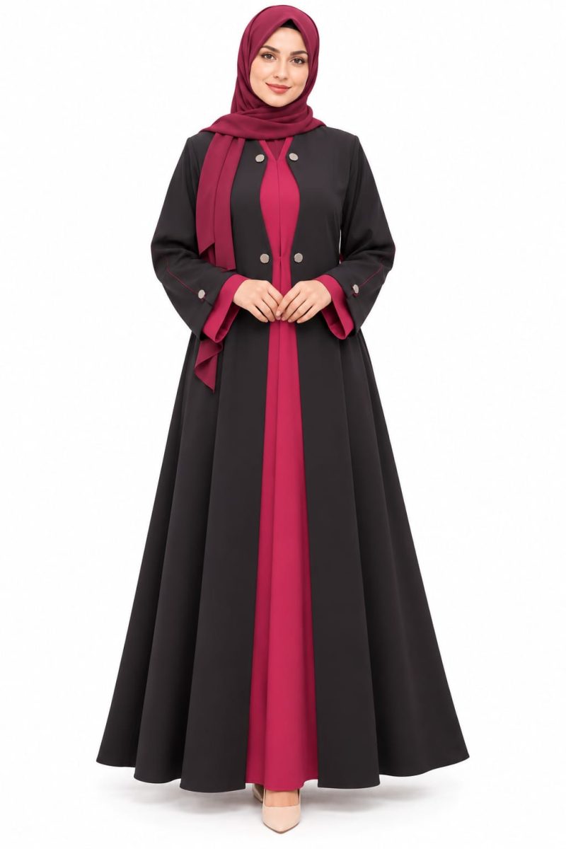 Elegant Black Abaya with Burgundy Contrast Panels