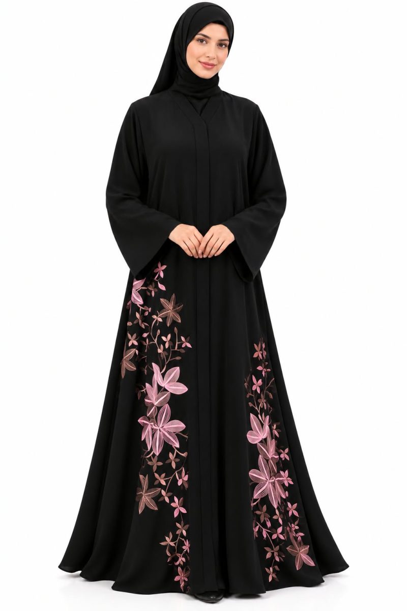 Elegant Black Abaya with Pink Floral Embroidery