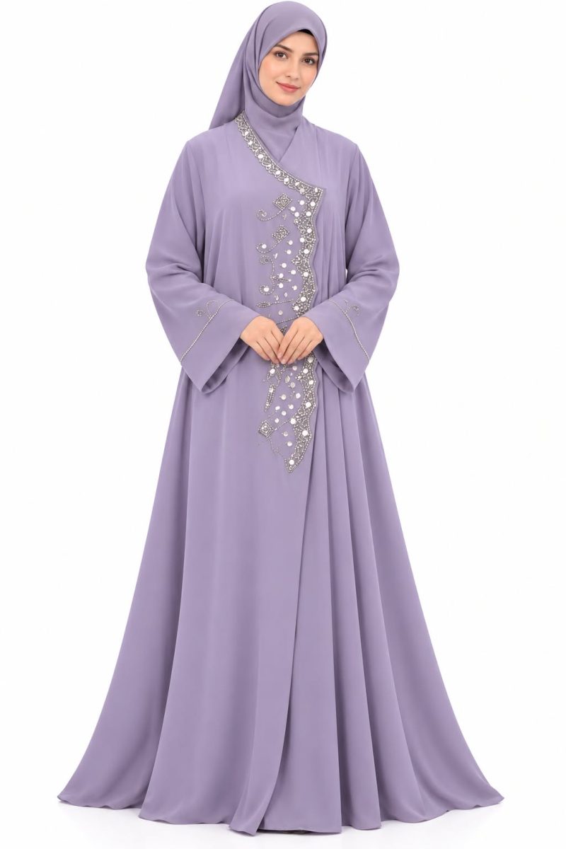 Elegant Lavender Abaya with Silver Embellished Front Design