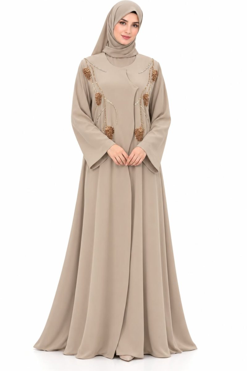 Elegant Beige Abaya with Gold Embellished Design
