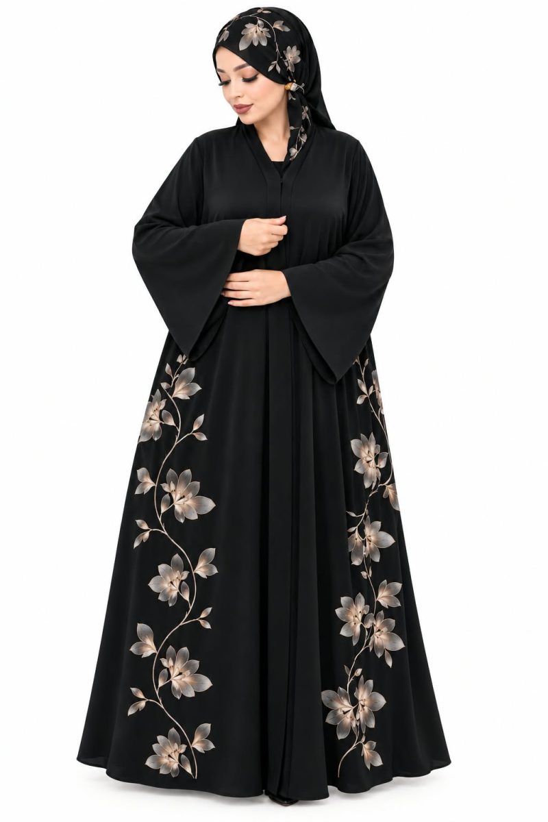 Elegant Black Nida Abaya with Champagne Gold Floral Embroidery