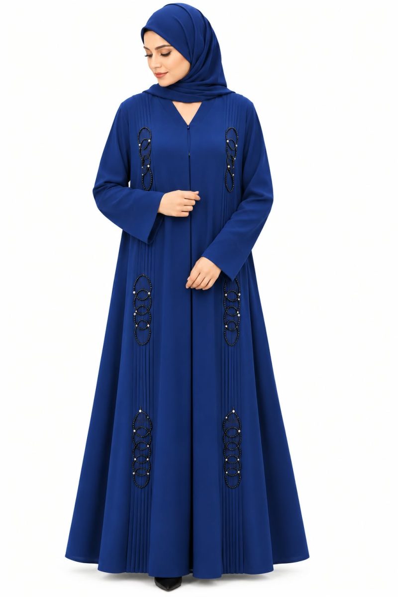 Royal Blue Nida Abaya with Elegant Black Beaded Design