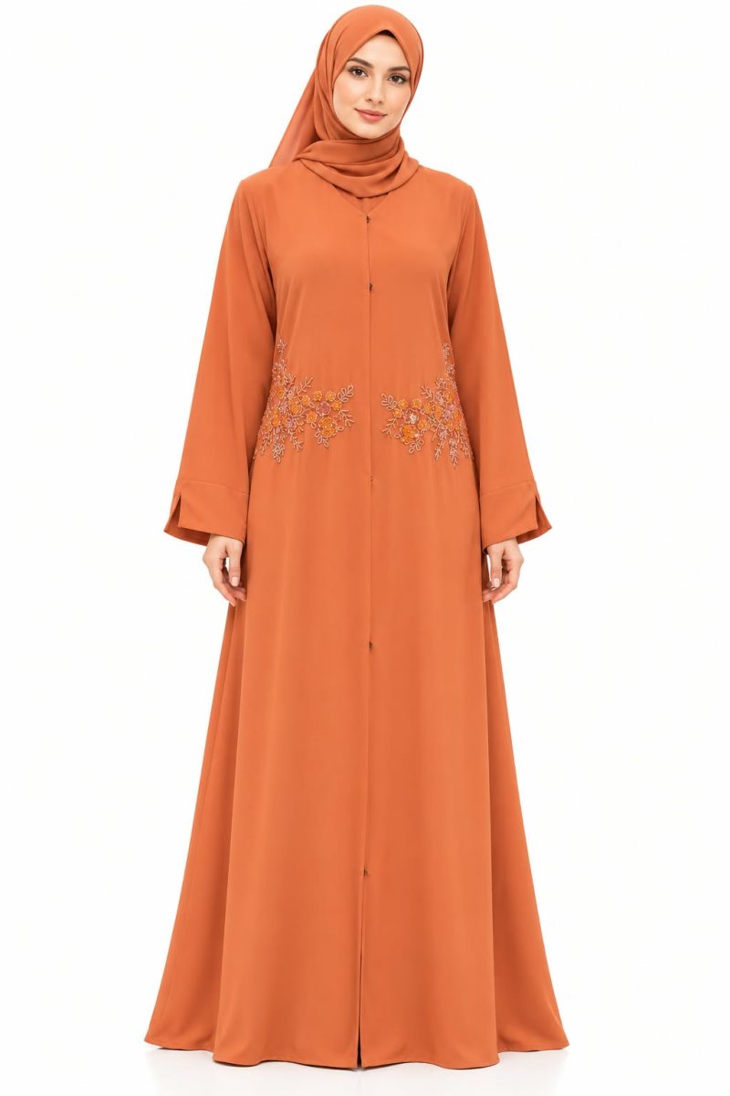 Elegant Burnt Orange Abaya with Floral Embroidery