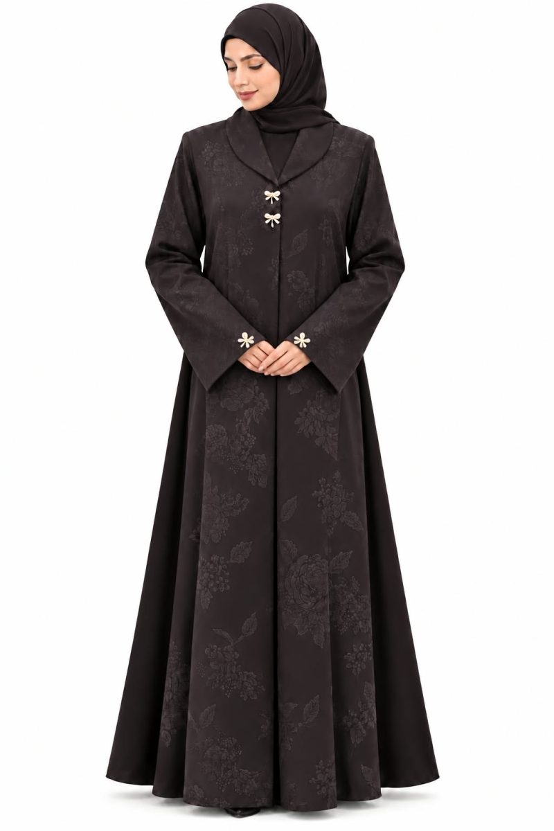 Elegant Black Floral Jacquard Abaya with Pearl Bow Buttons