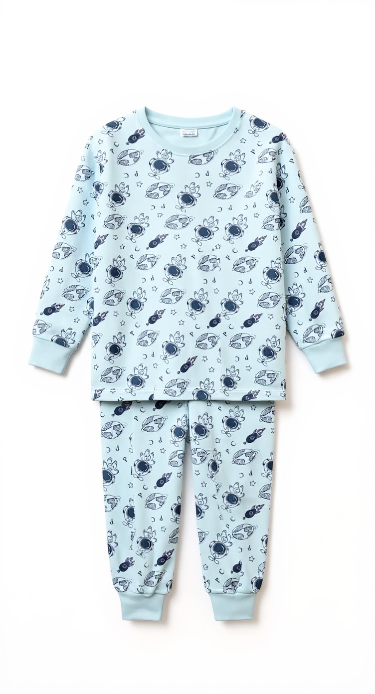 Space-Themed Kids Pajama Set | Light Blue Cotton Sleepwear